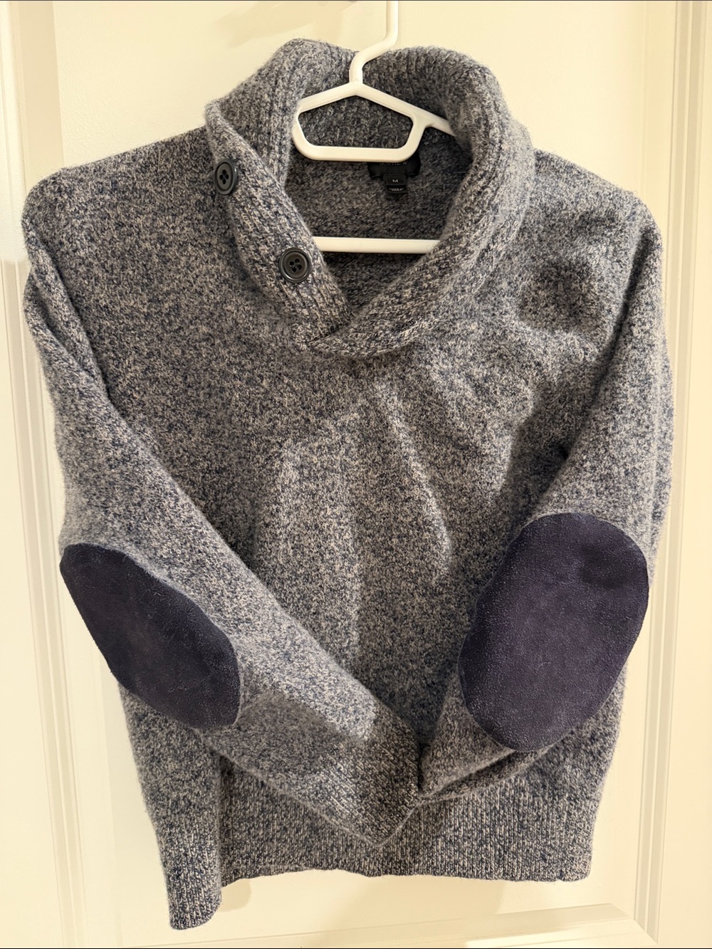Kids Heather-navy lambs wool-Collar Sweater with leather Navy Elbow Patches